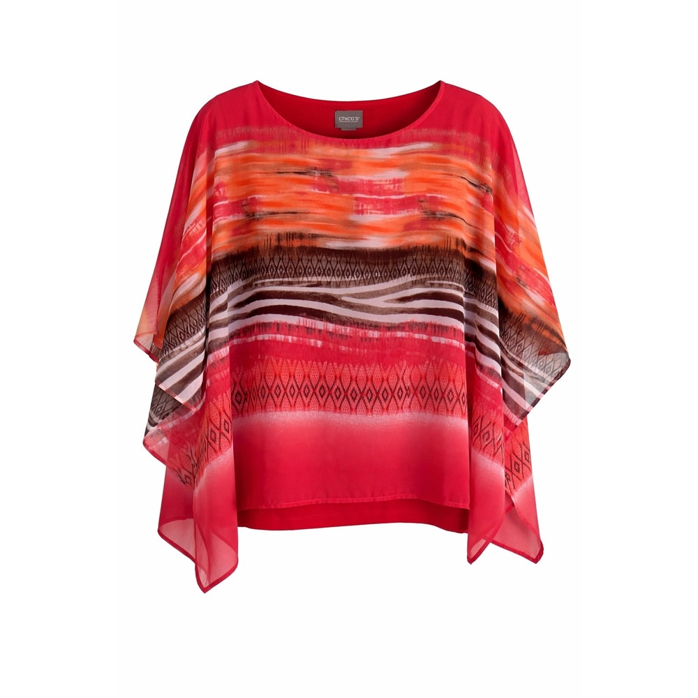 Chico's Size 1 Blouse Women Red Orange Sheer Poncho Kimono Sleeve Boho Top